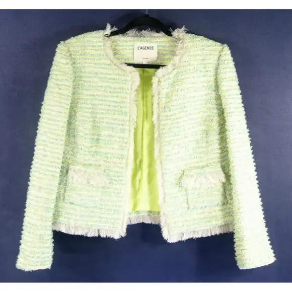 NEW, L'AGENCE Angelina Tweed Jacket In Light Green Multi SZ 14 #SJ1423